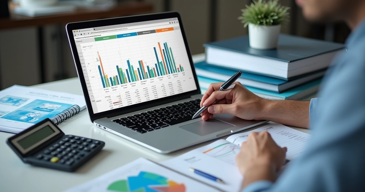Planilha financeira aberta em notebook com calculadora ao lado em ambiente de agência. 