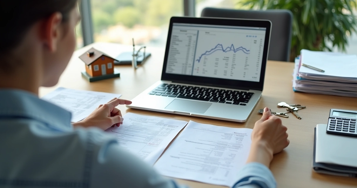 Pessoa usando notebook para organizar controle financeiro de aluguel 