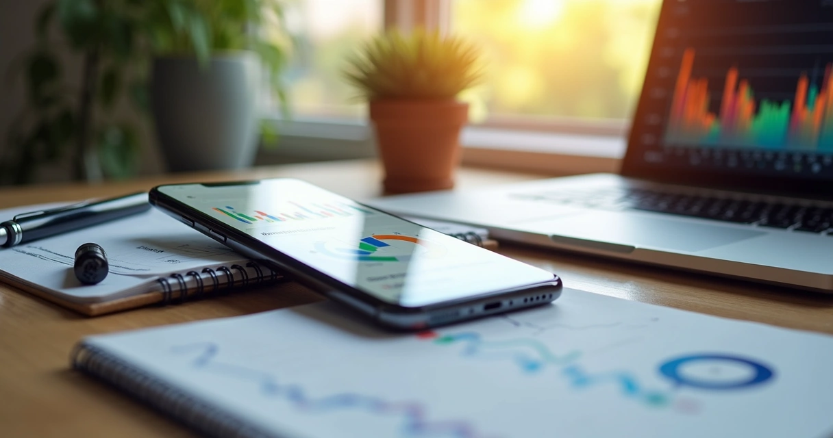 Smartphone mostrando aplicativo de controle financeiro aberto com gráficos e notificações, ao lado teclado de computador e anotações de planejamento financeiro 