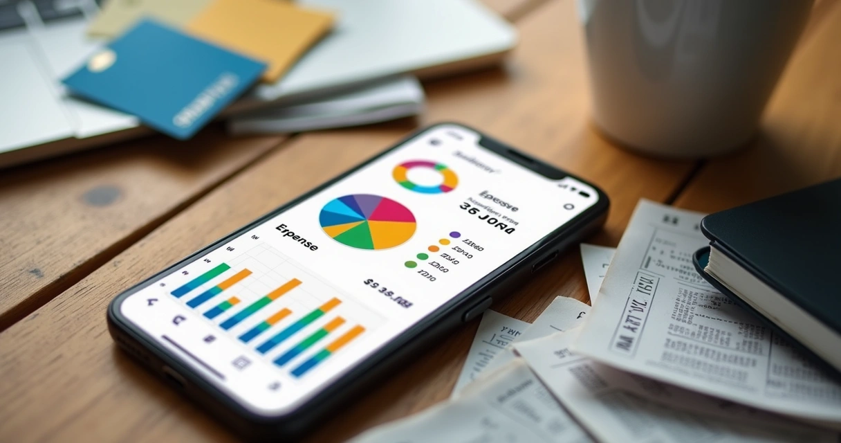 Tela de aplicativo de finanças mostrando gráficos de despesas coloridos e ícones bancários