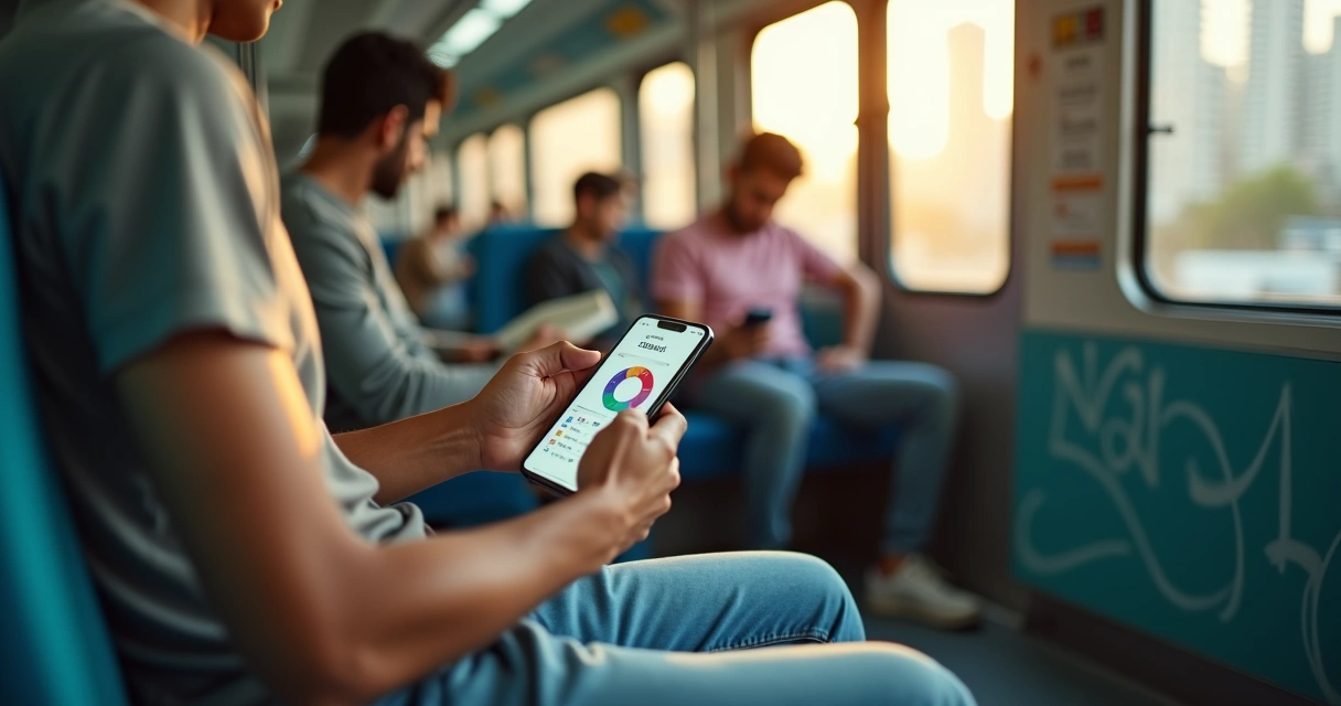 Pessoa acompanhando controle financeiro no celular dentro do metrô 