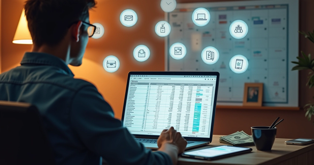Pessoa analisando controle financeiro com diversos ícones de assinaturas digitais e calendário anual ao fundo 