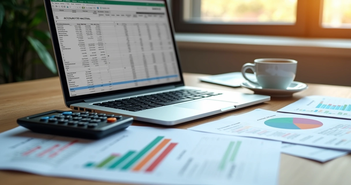 Mesa de escritório com laptop aberto exibindo planilha financeira, calculadora e café ao lado, papéis organizados com faturas e gráficos de fluxo de caixa