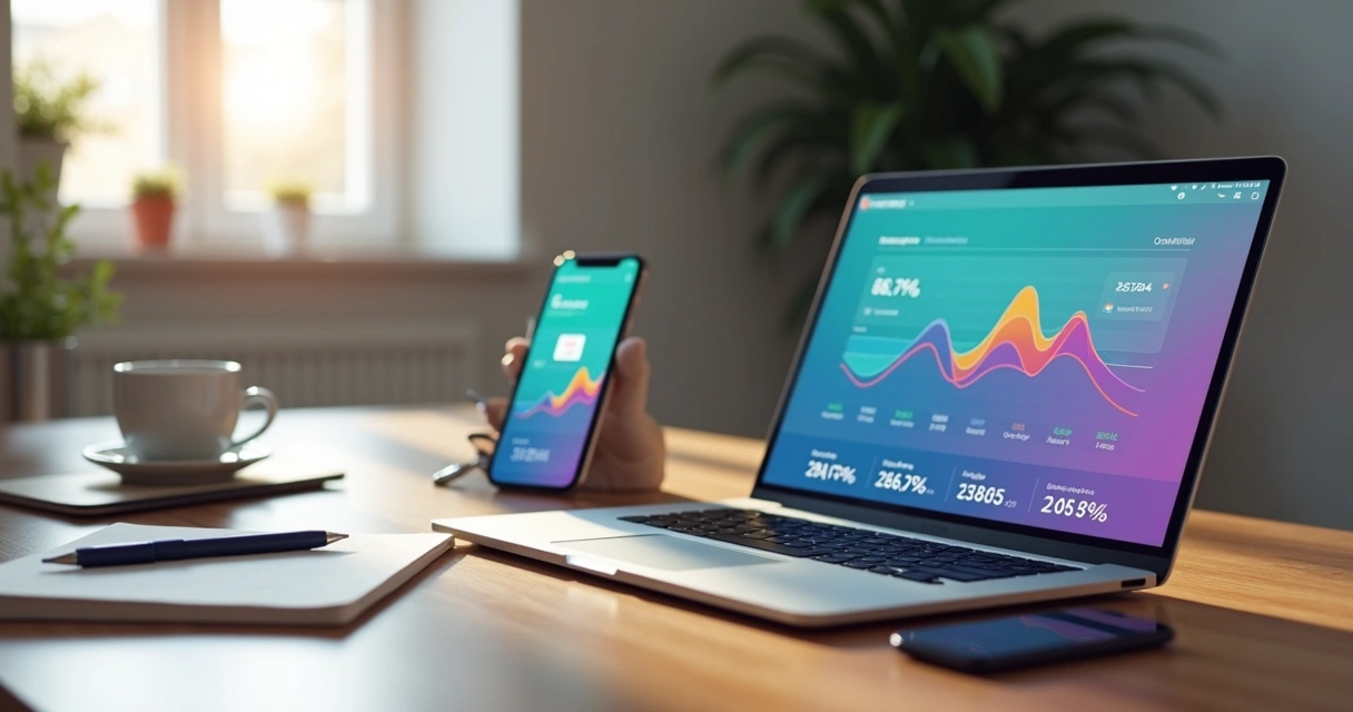 Tela de aplicativo financeiro com gráficos de receitas e despesas automáticos exibidos em smartphone e laptop sobre mesa de madeira clara, ambiente de escritório moderno e iluminado 
