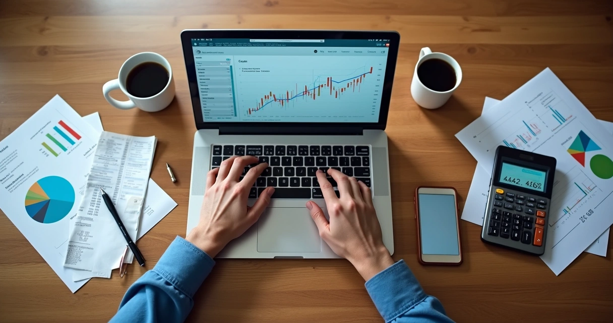 Pessoa analisando gráficos financeiros em um notebook na mesa de trabalho 