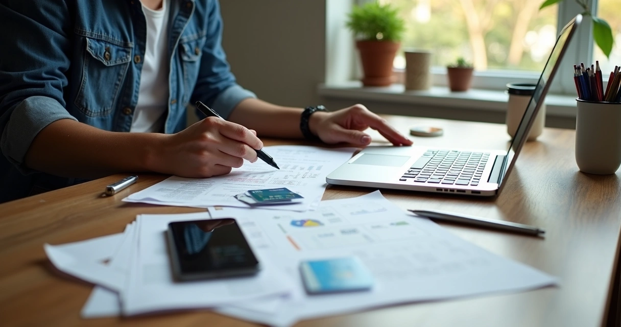 Profissional autônomo organizando finanças na mesa com laptop, vários papéis, cartões e celular 
