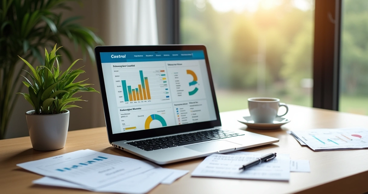 Laptop e papéis com anotações financeiras na mesa 