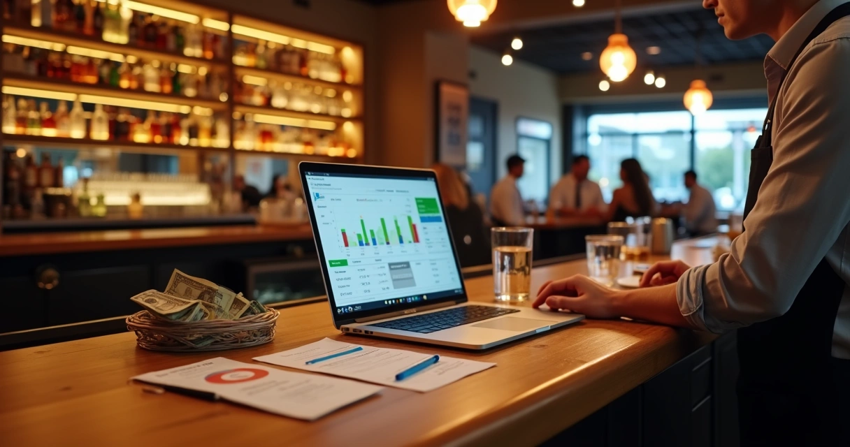 Dono de bar analisando gráficos financeiros no notebook sobre o balcão 
