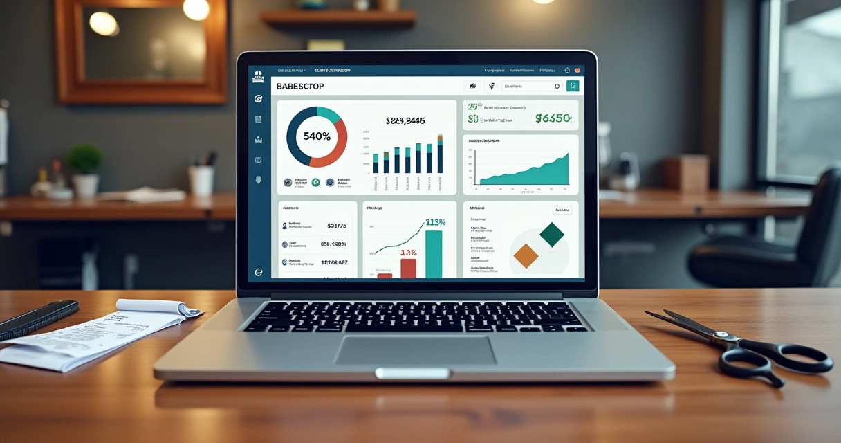 Dashboard digital mostrando finanças de uma barbearia. 