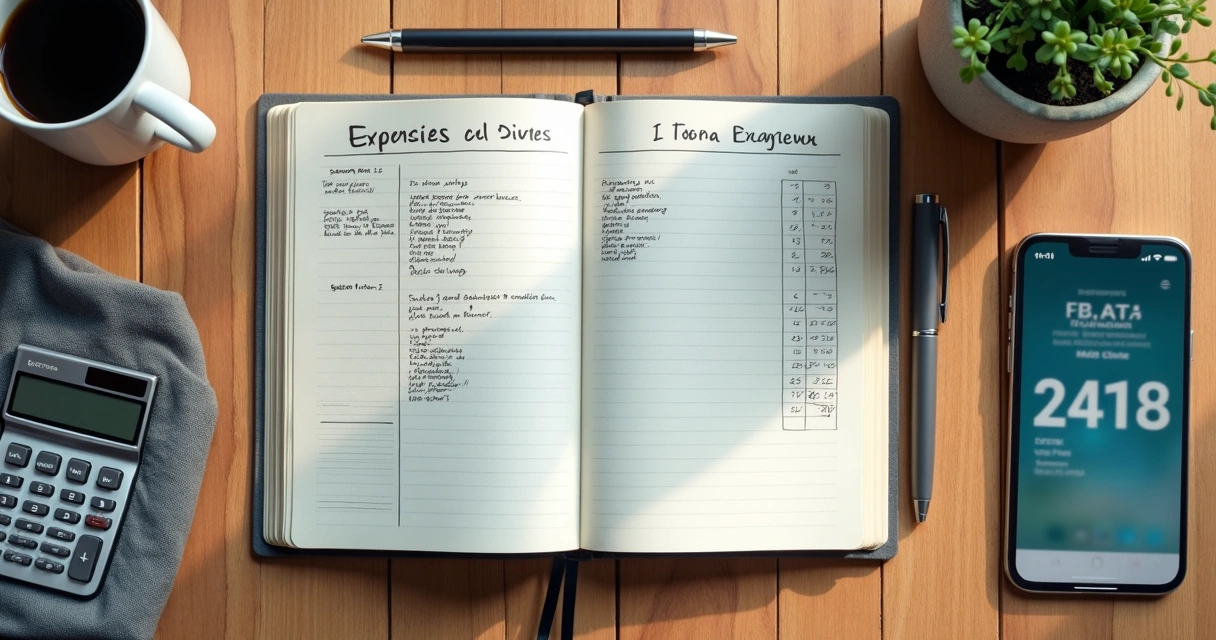Caderno com gastos, calculadora e celular na mesa 