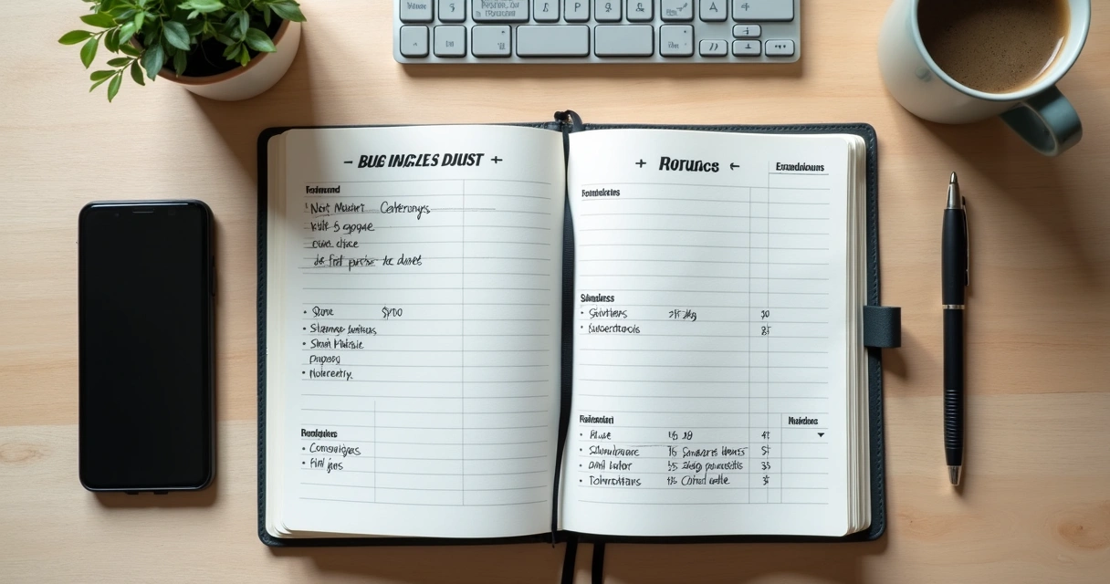 Caderno financeiro com calculadora e xícara em mesa clara 