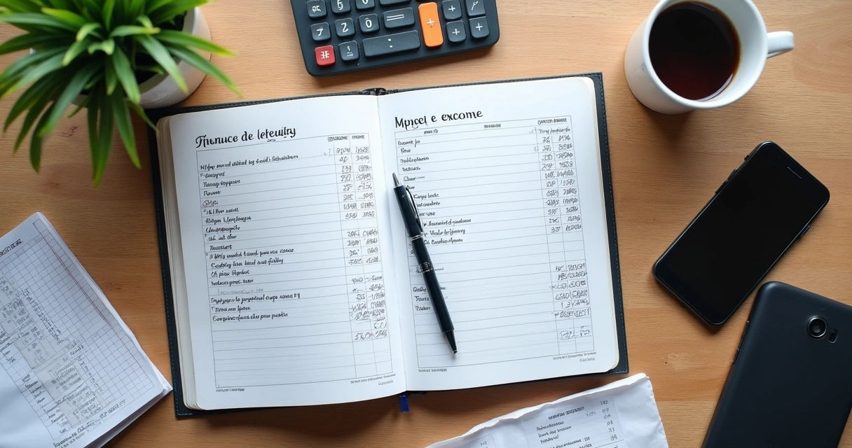 Caderno com anotações financeiras e calculadora sobre mesa de trabalho 