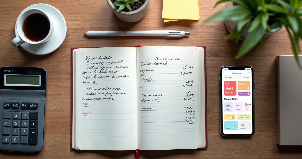 Caderno com gastos, celular e calculadora sobre a mesa