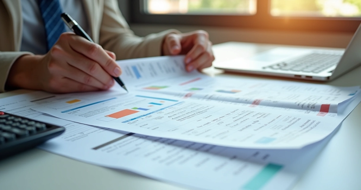 Pessoa revisando planilhas de despesas, notas fiscais e extratos bancários de campanha política 