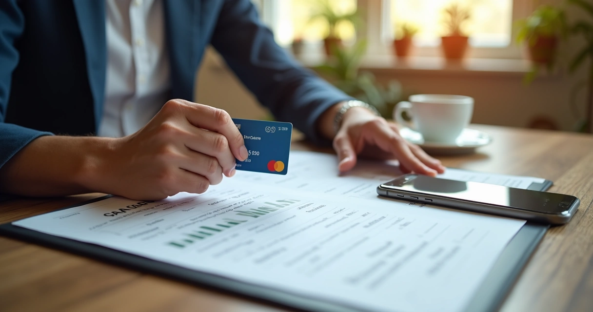 Pessoa revisando orçamento com cartão e planilha de gastos 