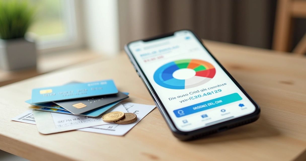 Tela de smartphone com gráfico de gastos do cartão Mercado Livre e cartões espalhados ao fundo 