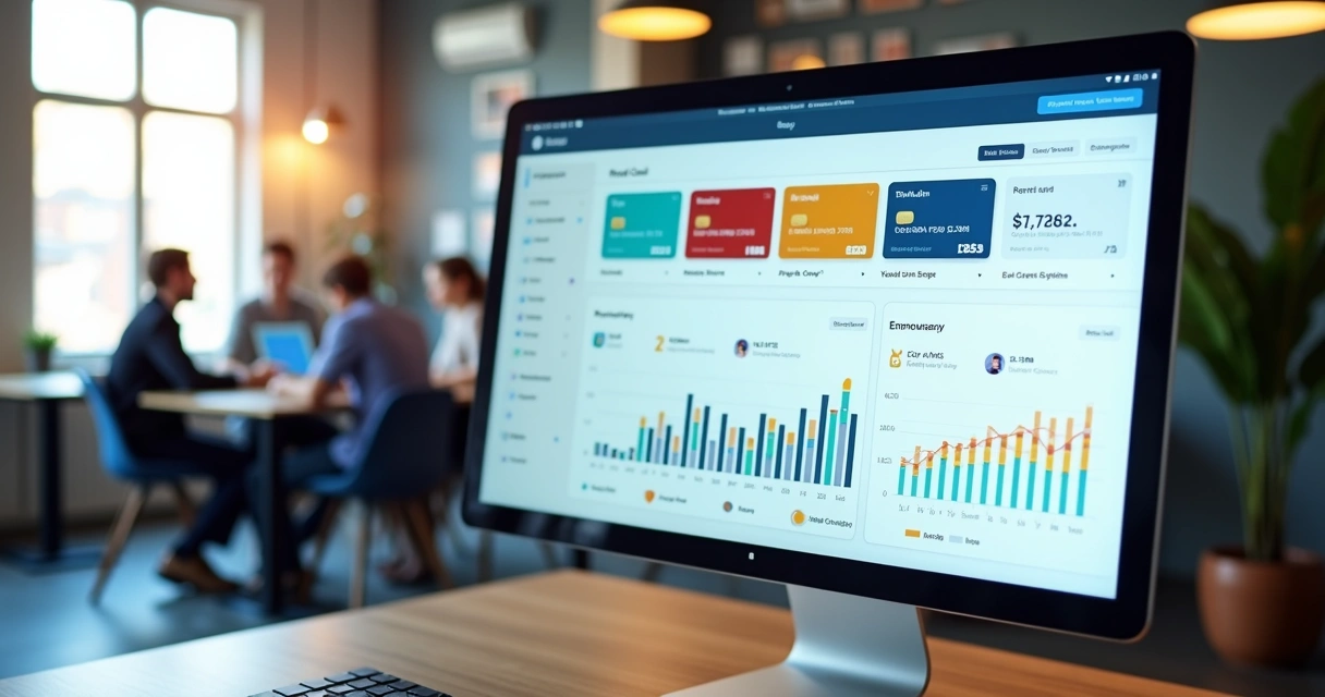 Painel digital com vários cartões e gráficos 