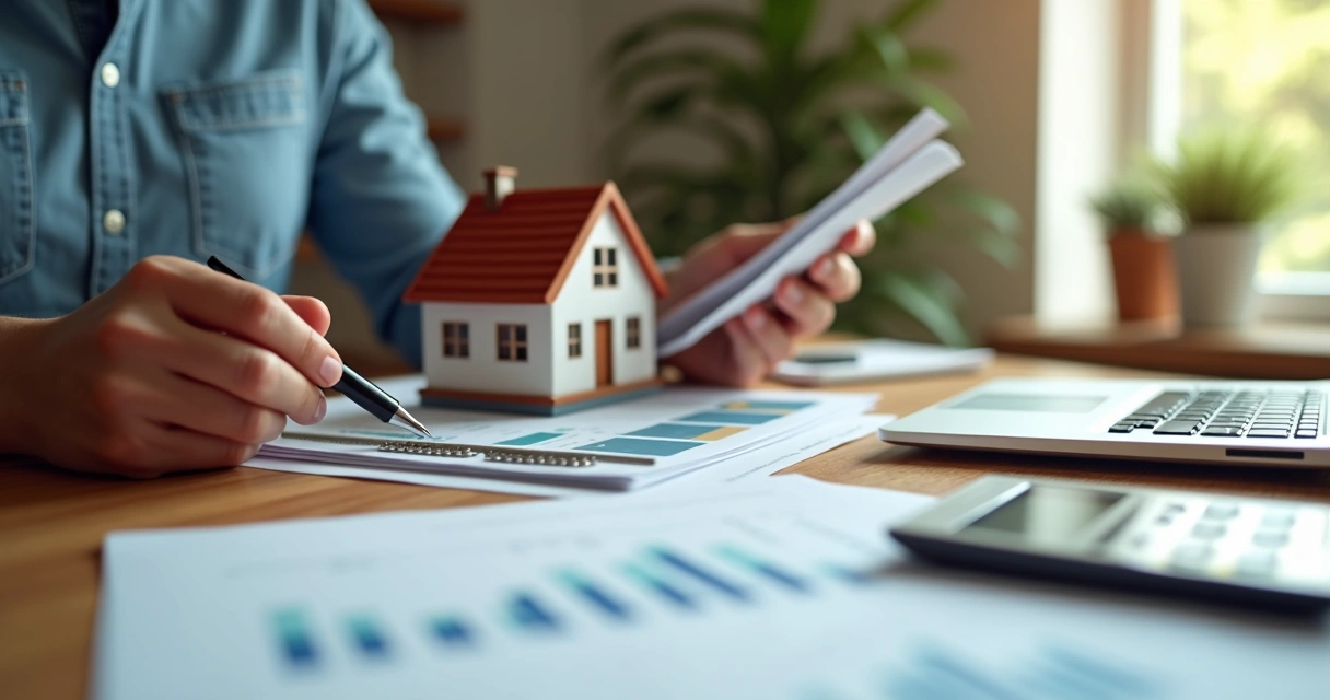 Pessoa segurando documentos e calculadora com uma casa em miniatura na mesa 