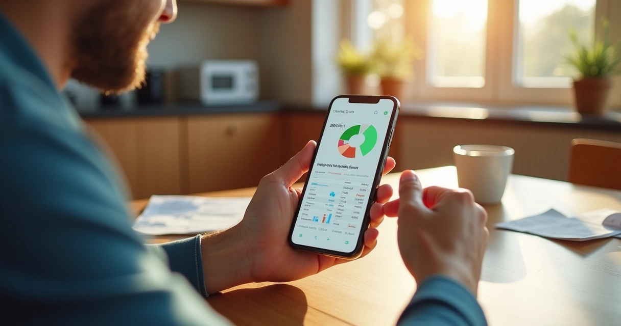 Pessoa anotando gastos mensais em aplicativo de finanças no celular 