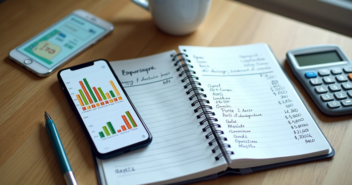 Pessoa analisando orçamento no celular e no caderno 