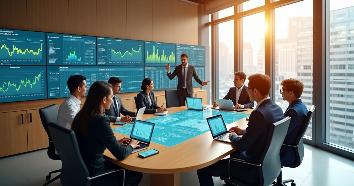 Equipe reunida em torno de grande mesa com painel financeiro digital centralizado ao centro 