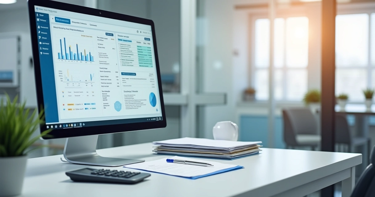 Painel financeiro em clínica médica com relatórios e computador