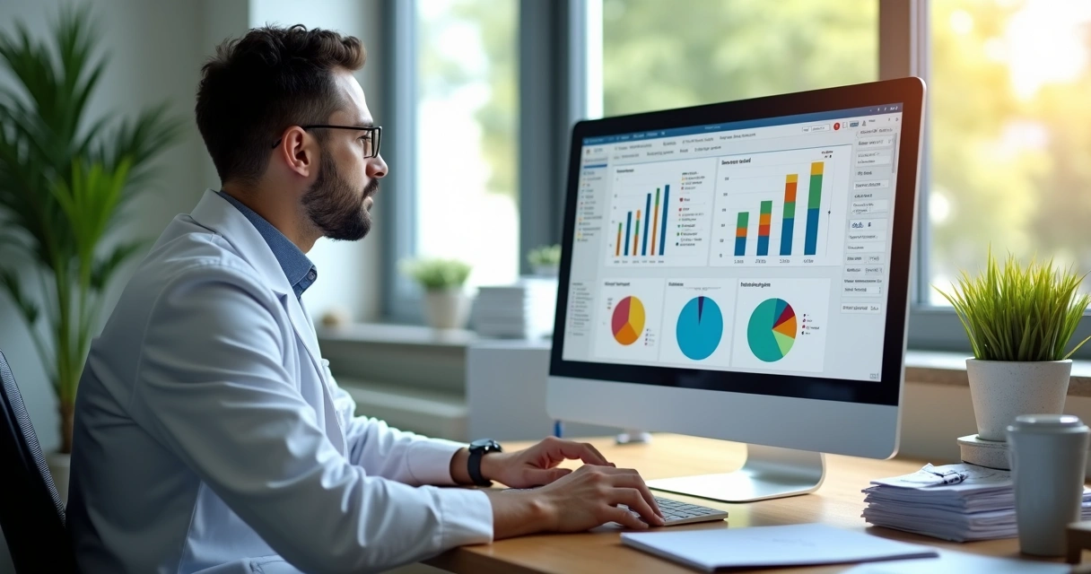 Profissional odontológico analisando gráficos financeiros em tela de computador 