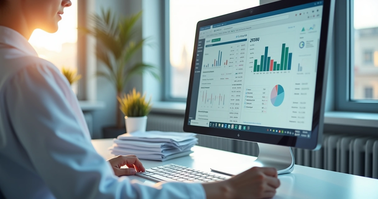 Dentista analisando gráficos de controle financeiro em tela de computador