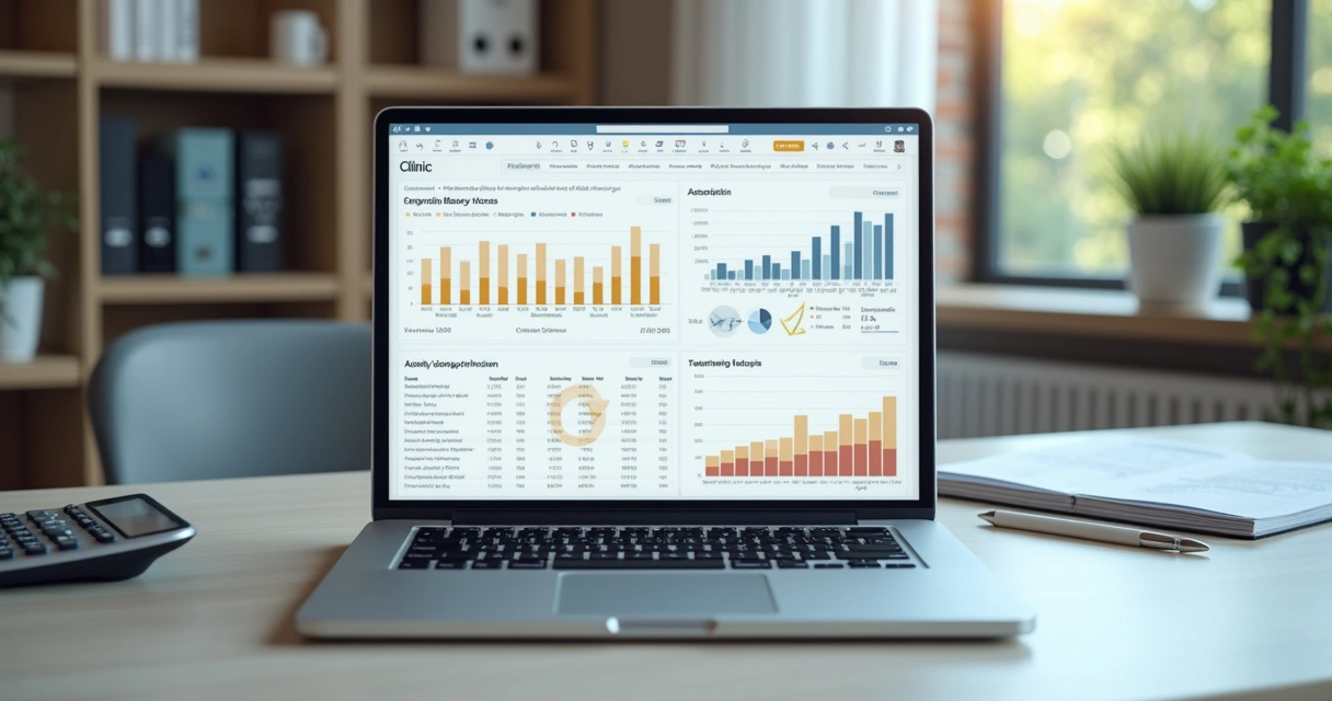 Painel financeiro de clínica em notebook sobre mesa de escritório 