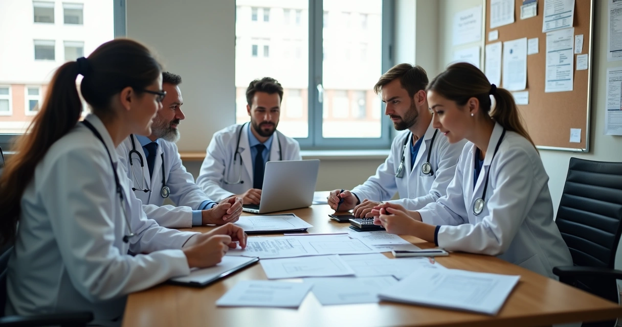 Equipe de clínica médica analisando planilhas financeiras em mesa de reunião 