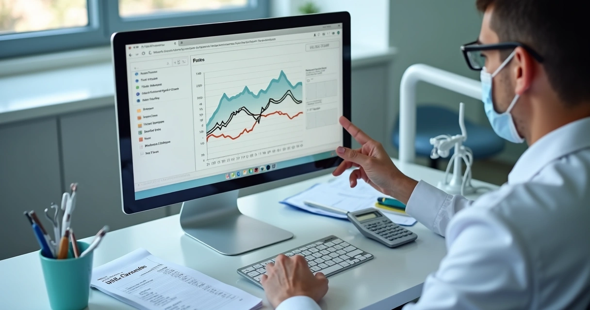 Dentista analisando fluxo de caixa em computador 