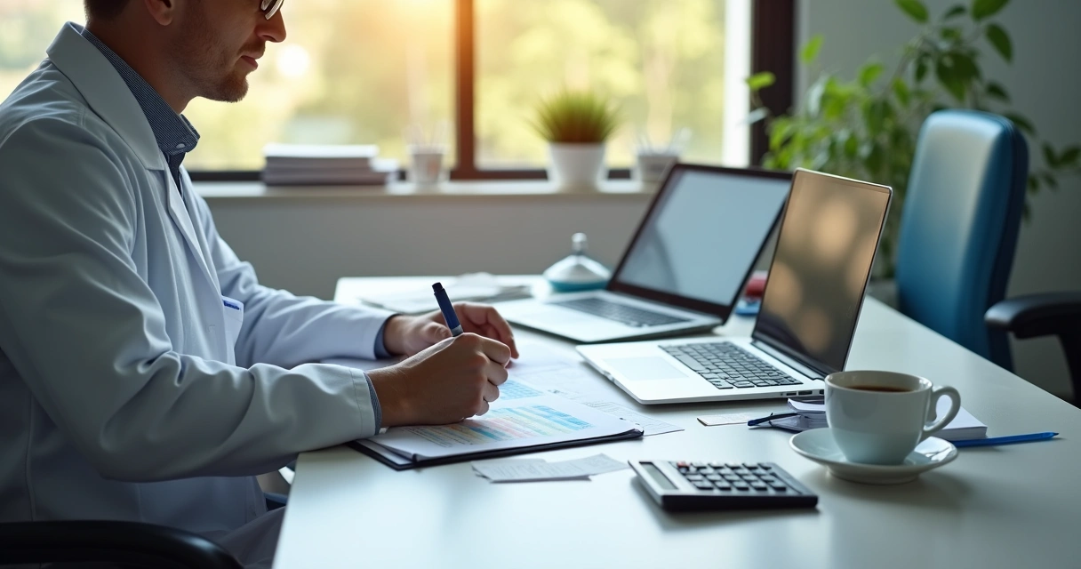 Gestor de clínica anotando dados financeiros em planilha e usando notebook 