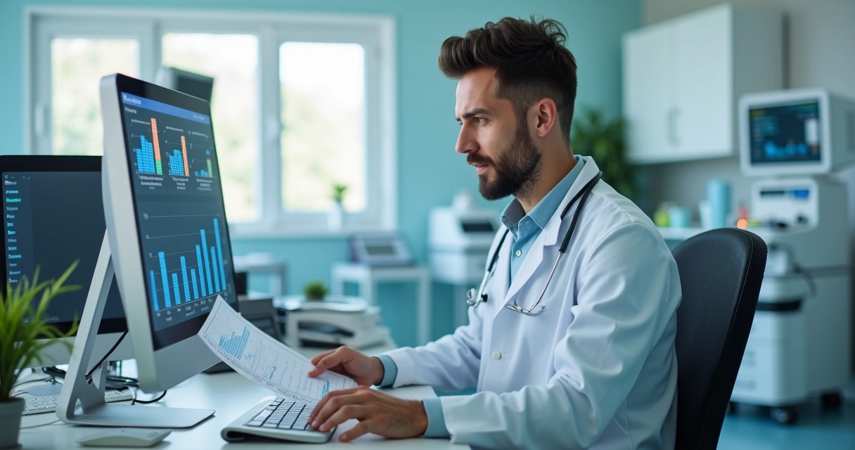 Gestor analisando fluxo de caixa em clínica médica 