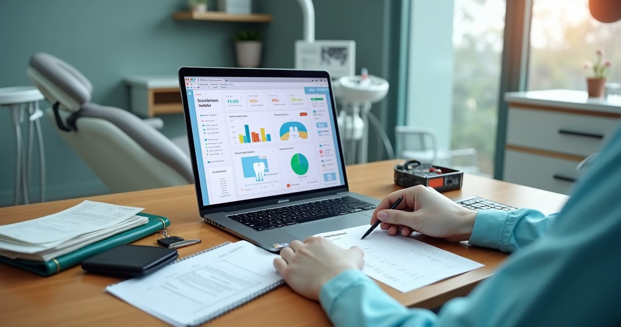 Dentista organizando finanças da clínica em mesa com calculadora e raio X dental 