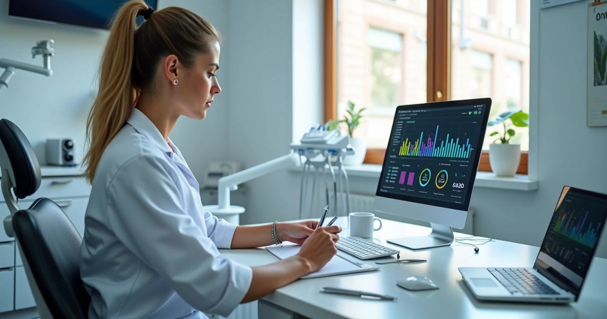 Profissional de odontologia analisando gráficos financeiros em tablet dentro de clínica moderna 