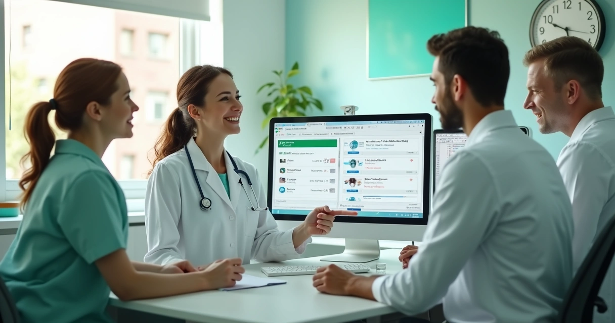 Equipe de clínica odontológica usando computador para gerenciar mensagens automatizadas 