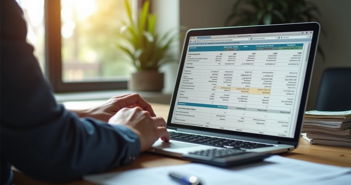 Pessoa analisando planilha com dados financeiros em tela de notebook na mesa de trabalho 