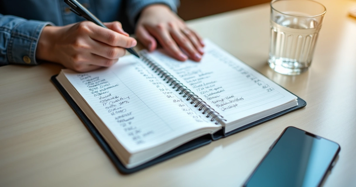 Caderno de controle financeiro com respiração consciente antes da decisão