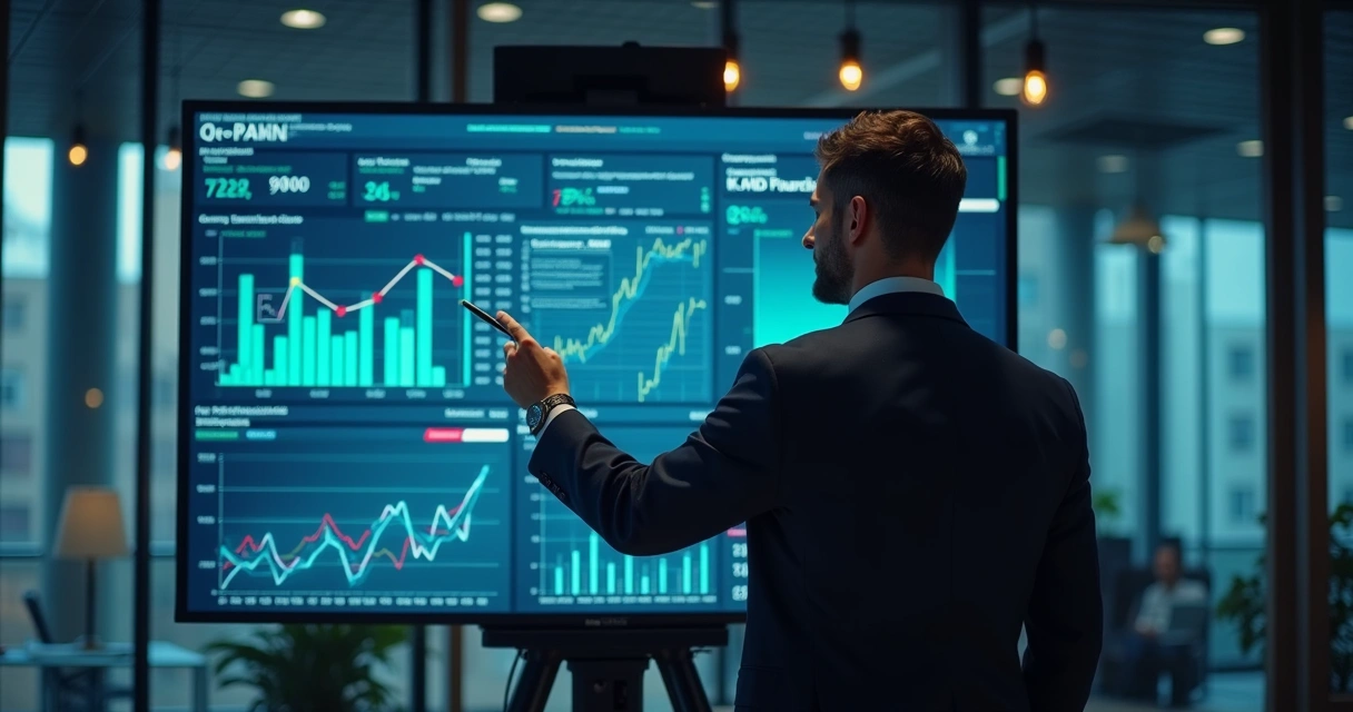 Executivo analisando painéis financeiros em tela grande 