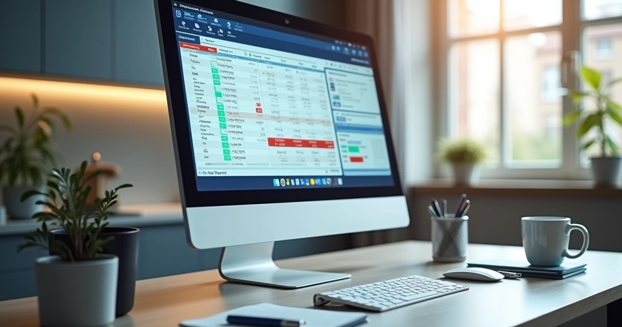 Planilha financeira colorida e computador sobre mesa de consultório 