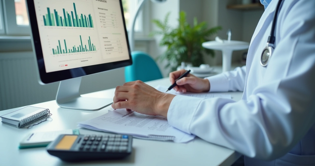 Dentista analisando fluxo financeiro do consultório em tela de computador.