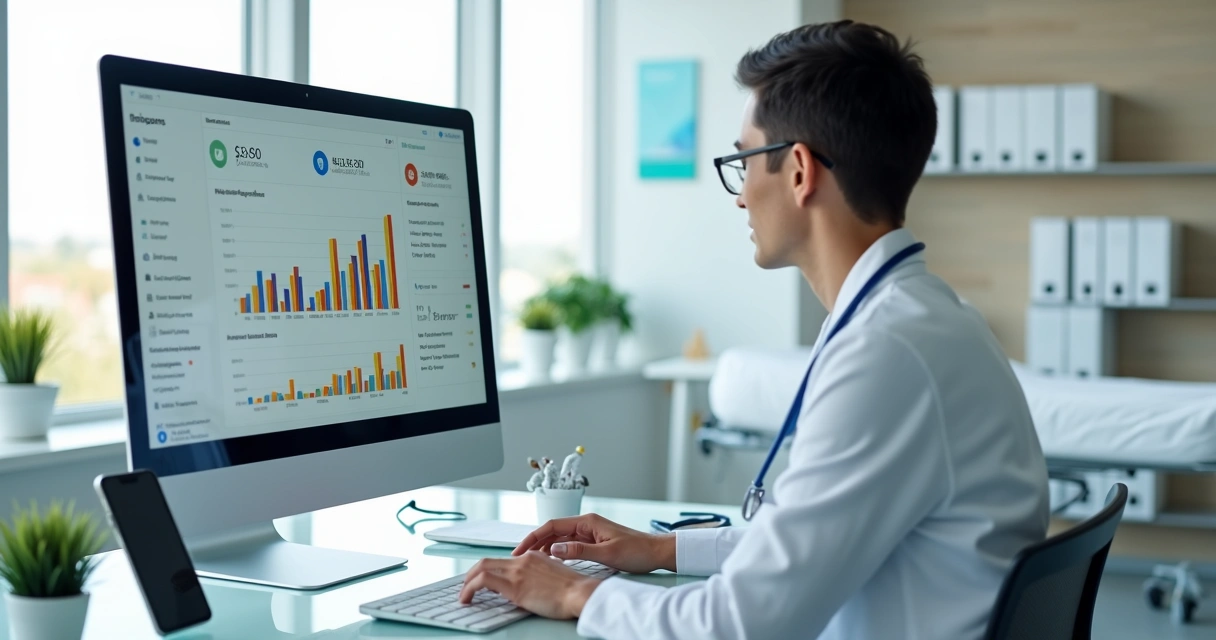 Profissional de saúde analisando controle financeiro digital em consultório moderno 