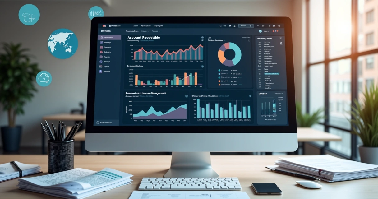 Mesa com computador exibindo dashboard financeiro, documentos organizados e gráficos de controle de contas a receber 