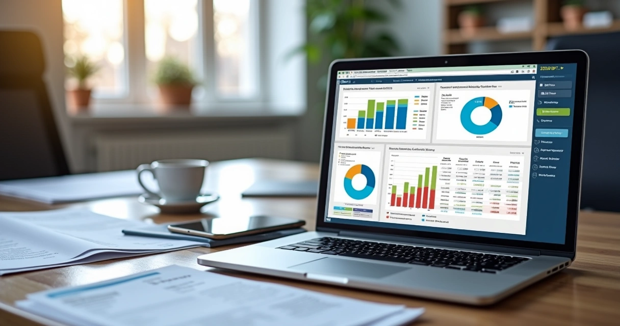 Pessoa utilizando sistema financeiro em notebook com gráficos de contas a receber na tela e documentos ao redor 