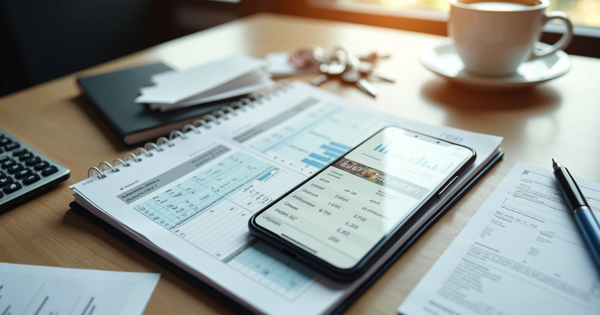 Mesa com notebook, calculadora e recibos de corretor de imóveis 