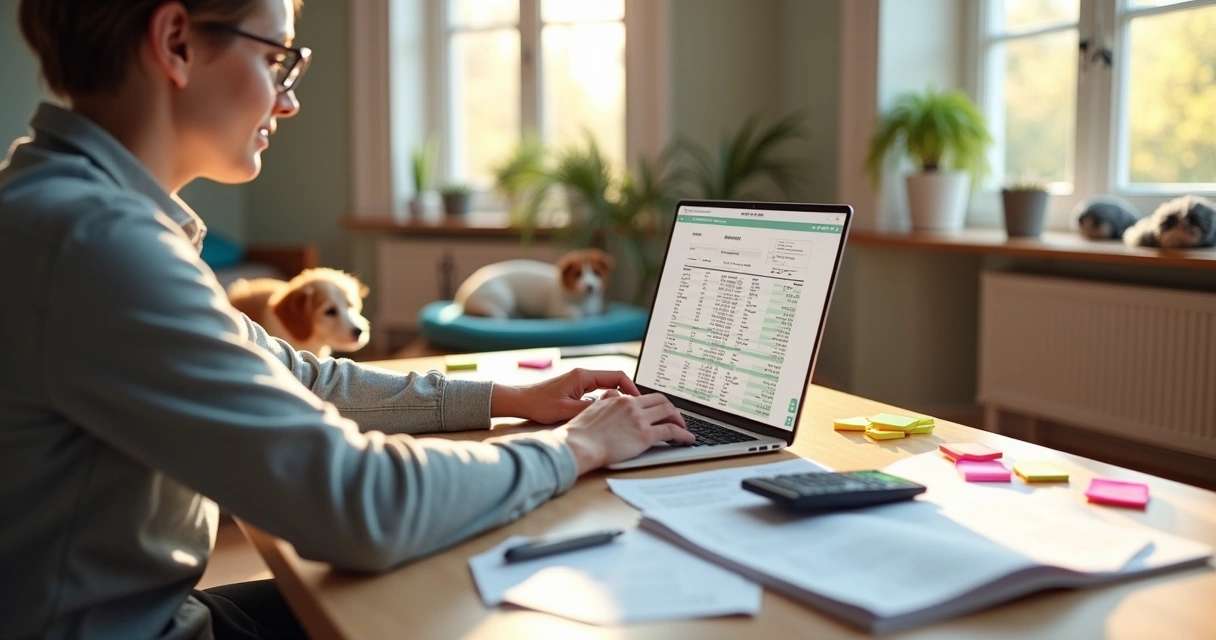 Controle financeiro em creche para pets, gestor analisando planilha 