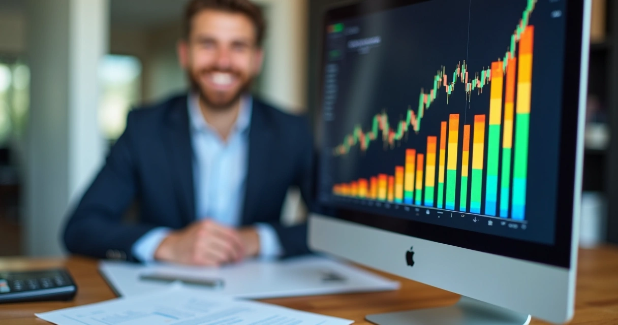 Gráfico de barras de crescimento financeiro em tela de computador, ao fundo profissional feliz 