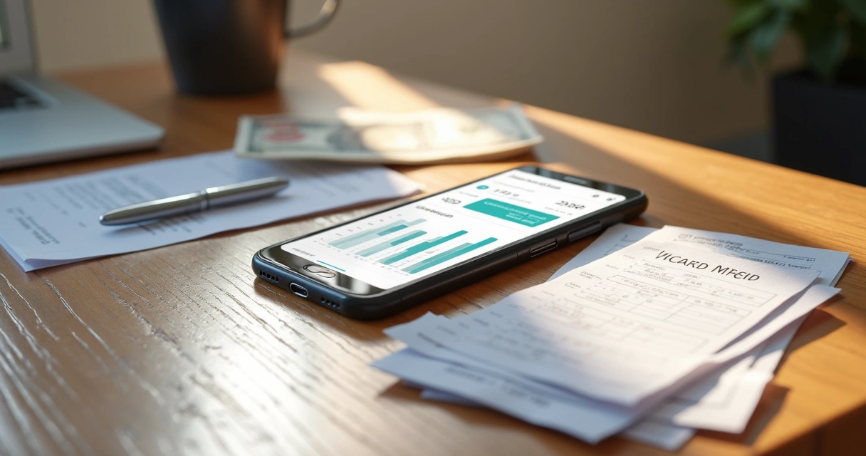 Mesa com gastos diários organizados, smartphone com app financeiro aberto e notas de dinheiro ao lado 