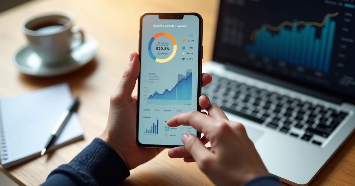 Pessoa usando smartphone para controlar finanças com gráficos de crédito no fundo 