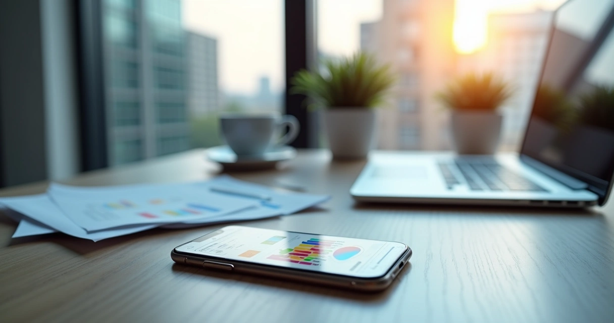 Pessoa usando aplicativo financeiro no celular em mesa de trabalho 